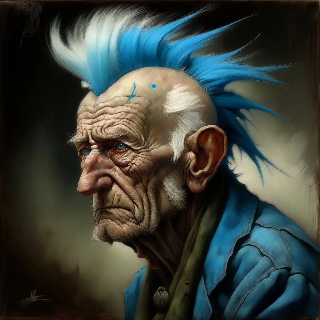 a detailed portrait of old man with a extravagant blue mohawk, the old man is always doing somehing different, Variations like fixing his truck, visiting his wife at the cemetary, going to punk rock shows, etc by edouard bisson, punk rock, oil painting, muted colors, soft lighting