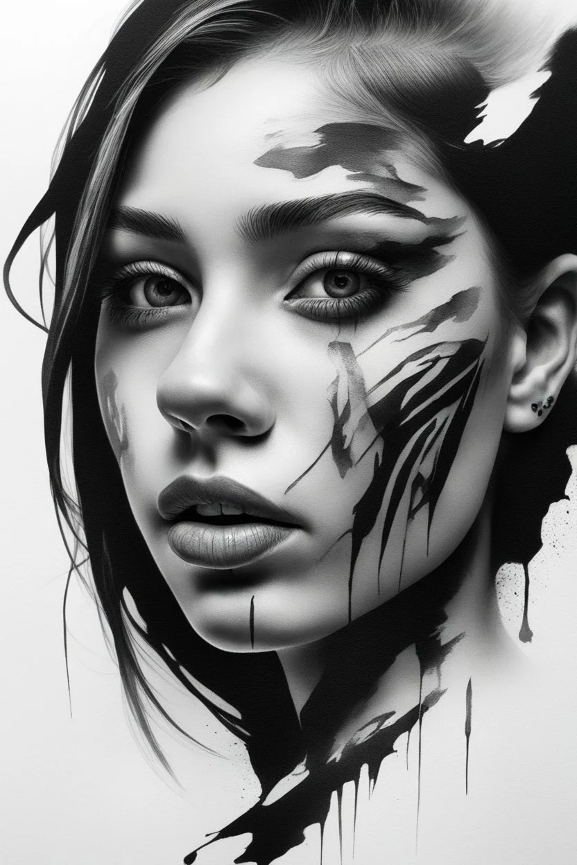 A realistic drawing in negative space black ink on white background of a beautiful girl with abstract brushstrokes face tattoos to enhance her face max enrist