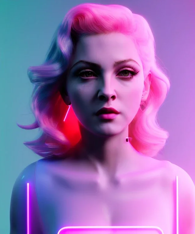 Artist, young madonna, android woman, sweet, blonde, white skin, long eyeliner, pink cheeks, purpurin make up, glossy lips, color leds lights, cables, short hair, circuits, cyberpunk, latex coat, cyber punk, neon, portrait, studio photo, unreal engine 5, soft color, 16 bit, god lights, ray tracing, RTX, lumen lighting, ultra deatail, volumetric lighting, 3d, finely drawn, hd.