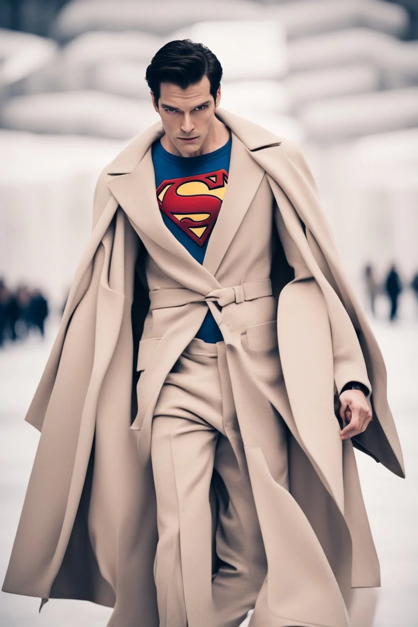 Men winter fashion runway modern clothes inspired by Superman Big Chest logo Superman style clothes, elegant beige tones