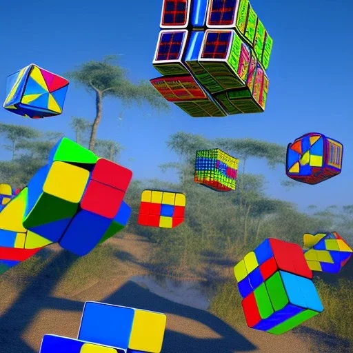 Kente scene, thread, surreal, flying Rubik's cube, african pattern symbols, engraved, 8k quality, hyper realistic, unreal engine 5