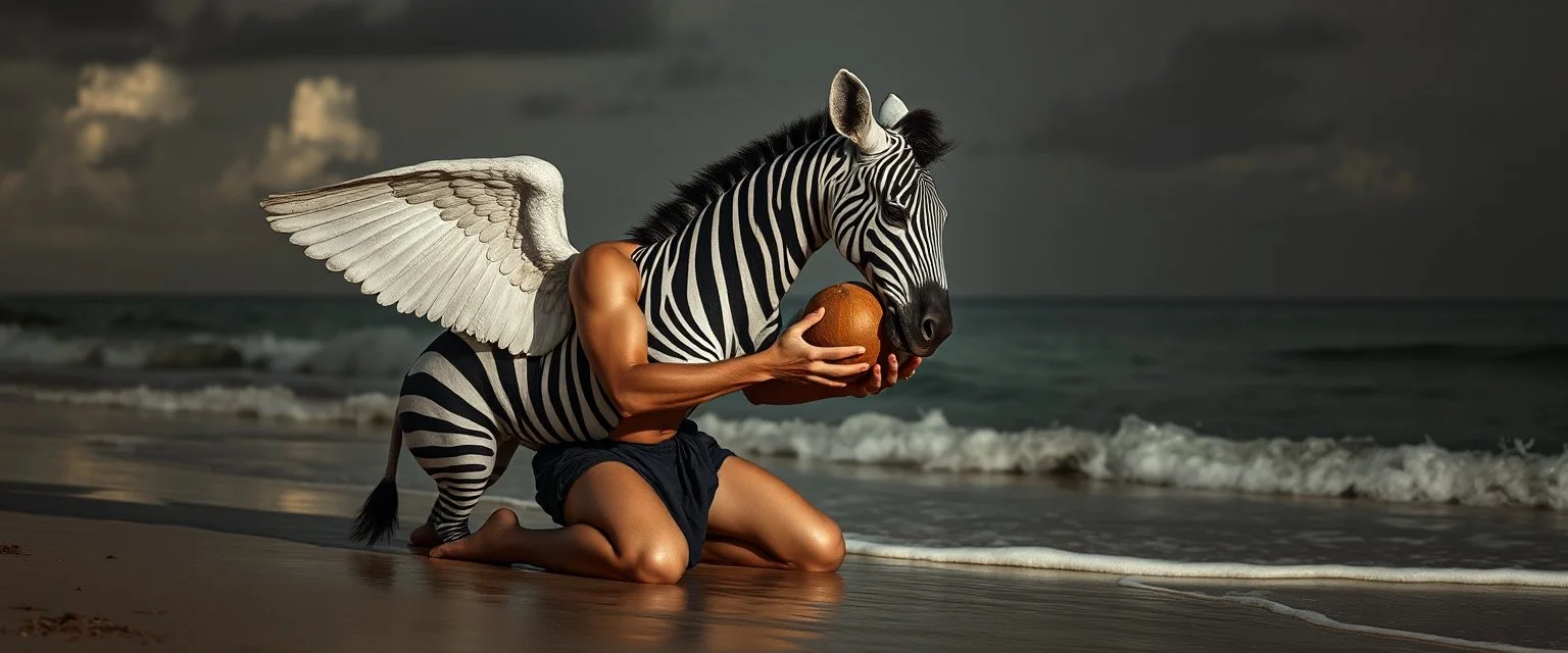 Charon on his knees on the shore holding coconut wearing crying angel zebra holding his head