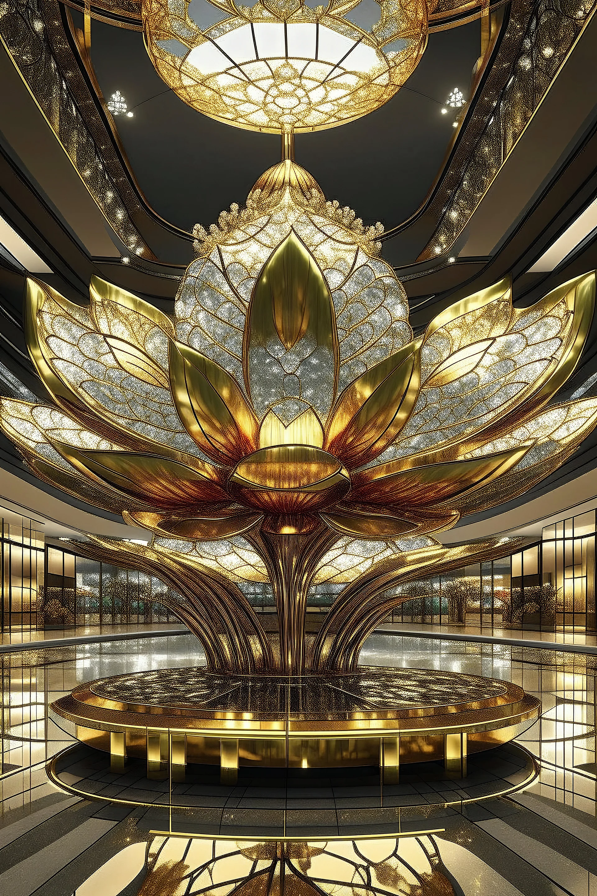 A giant lotus flower sculpture with intricate gold patterns, placed in a luxurious shopping mall atrium, surrounded by reflective water pools and soft ambient lighting. 3D metallic finish, Indian and Asian heritage theme."