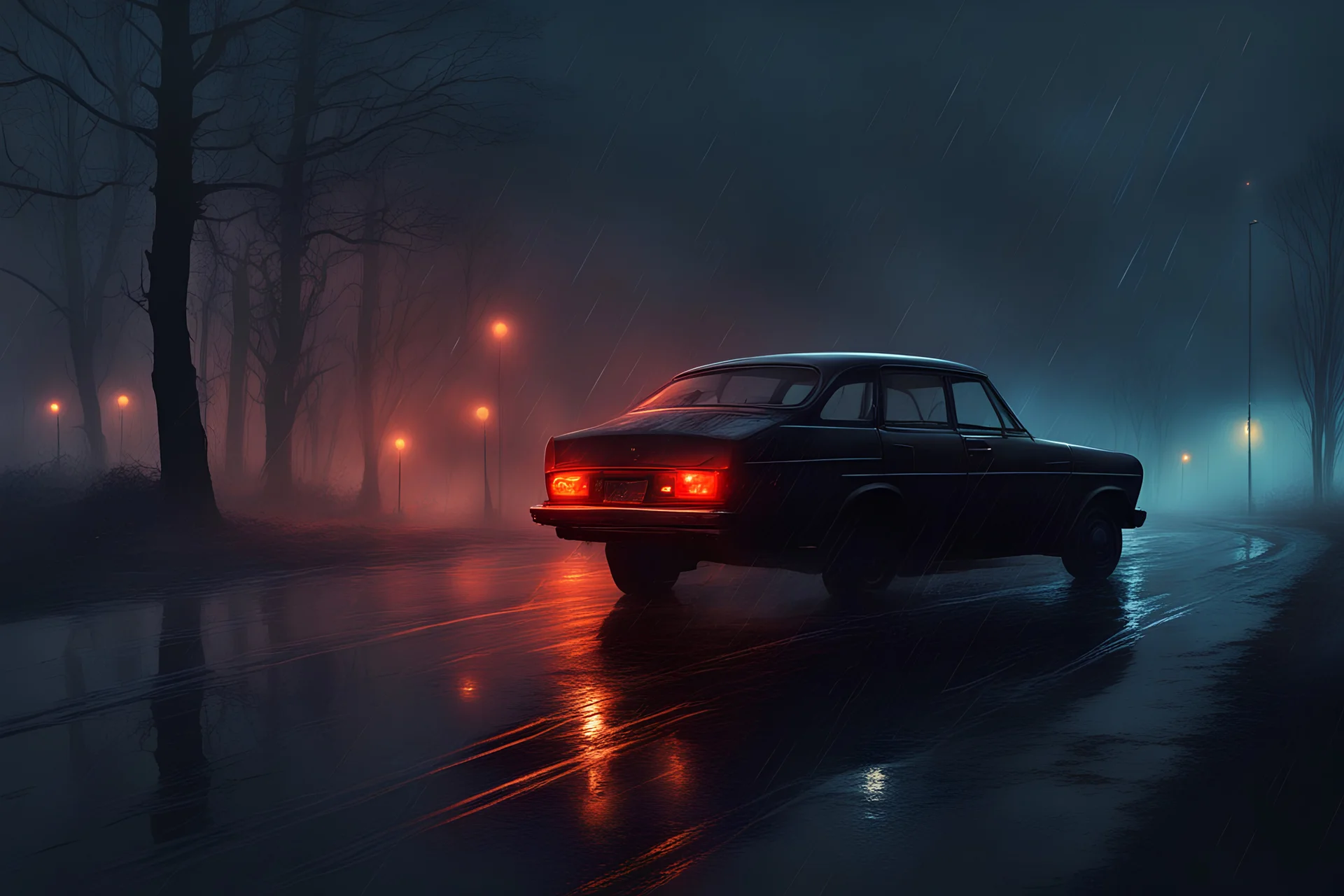 A moody, atmospheric illustration of a lone car on a desolate road in rainy, with rainy drifting, trees silhouetted against the dark sky, and distant warm lights piercing the gloom,alone man smoking,"