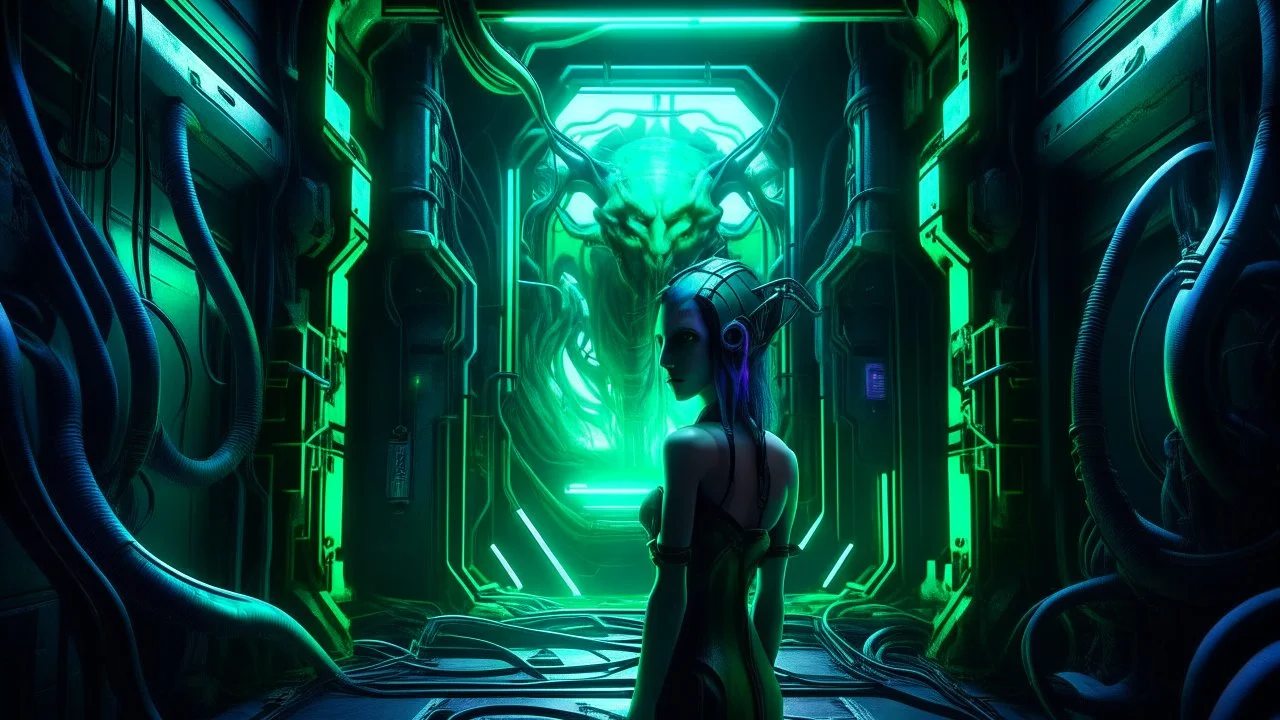 Woman in a mysterious room, the conscious void, octane render, 3D, cinematic, a strange horned humanoid emerging from the darkness, amazingly beautiful stunning deep green eyes. The neon green and purple hair of the giant mechanical machine emerging from the machine.