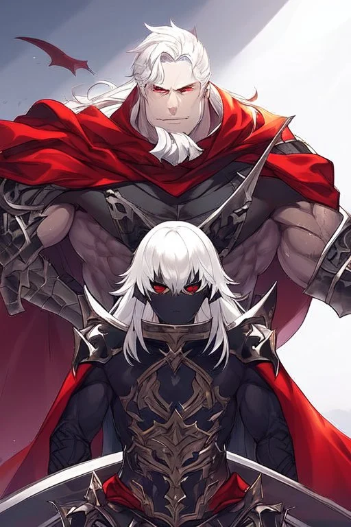 Vampire knight, muscular young man with long white hair, wearing black gothic full plate armor with red cape, cyan eyes