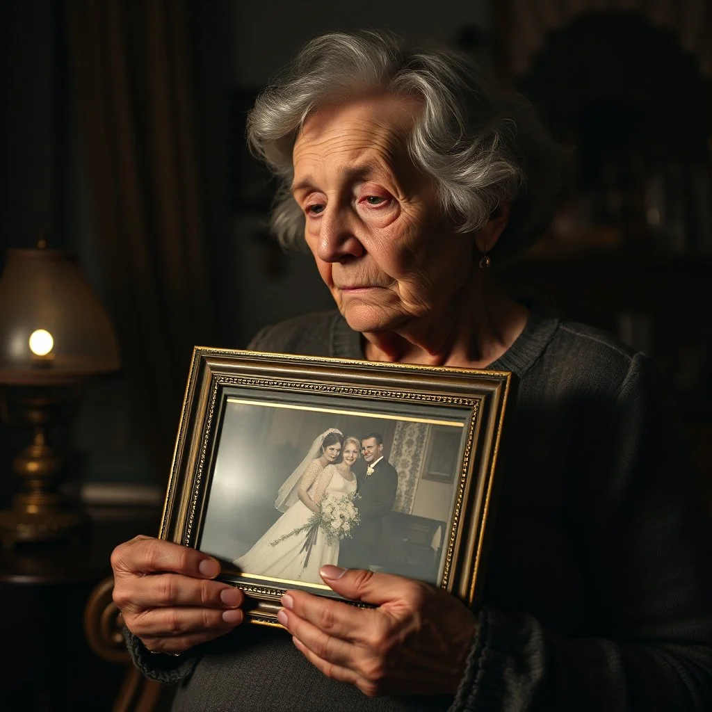 subtle emotion, contemplative elderly grandmother in a dimly lit parlor holding a framed vintage wedding picture in her wizened hands, nighttime, tiny single tear running down her cheek, volumetric lighting from small antique desk lamp