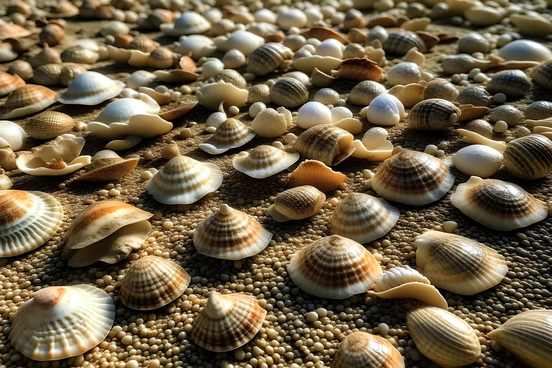 Seashells scattered on a beach, each unique and weathered