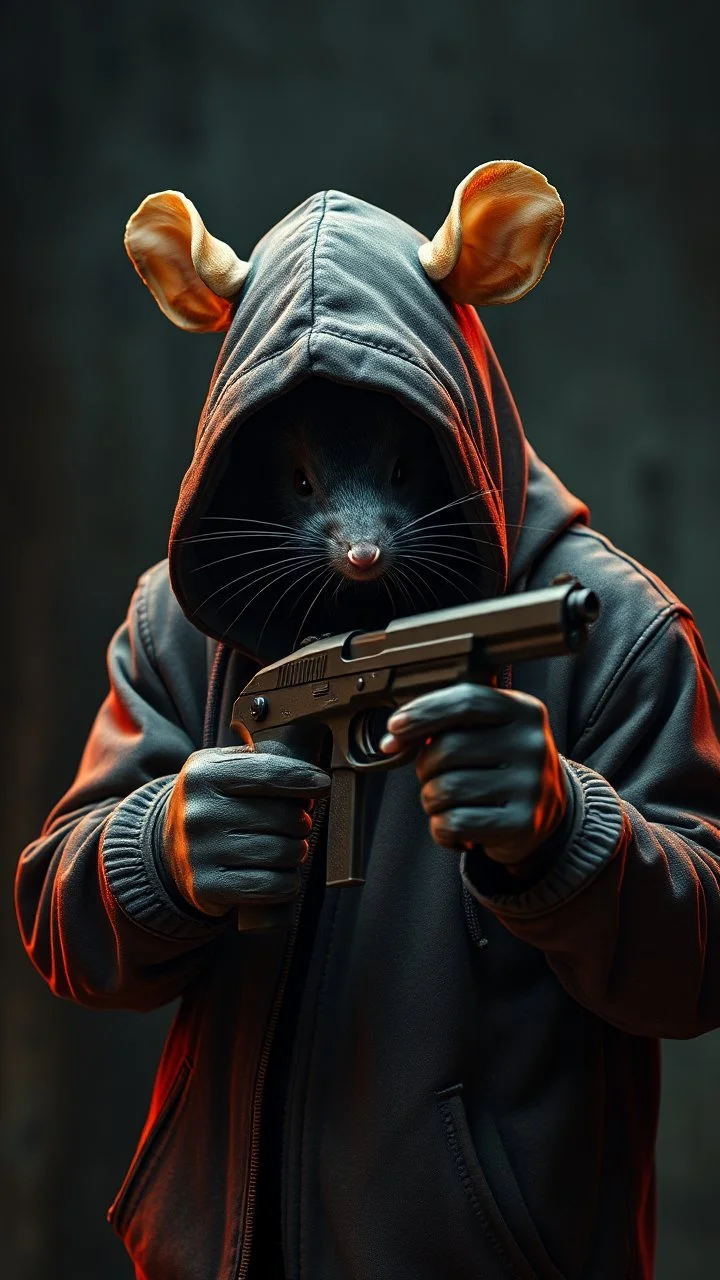 a hooded rat gangster holding a gun , realistic , pro photography , high quality, and cinematic scene