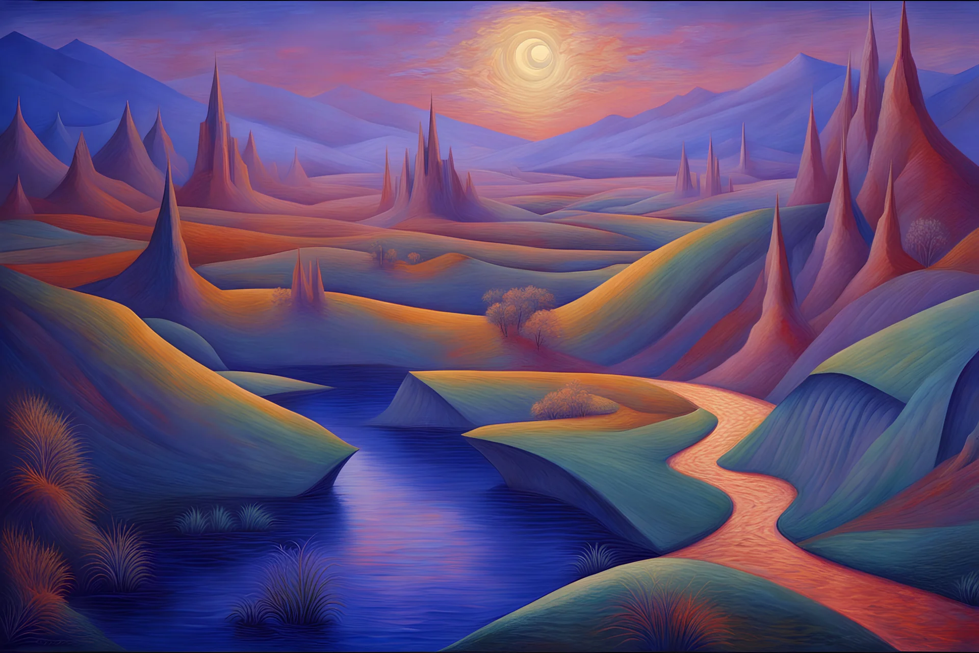 a landscape in futurism style, elegant extremely detailed intricate vibrant beautiful award winning high definition crisp quality noctilucent by artist "Umberto Boccioni"by artist "Leonora Carrington",by artist "Guy Orlando Rose"