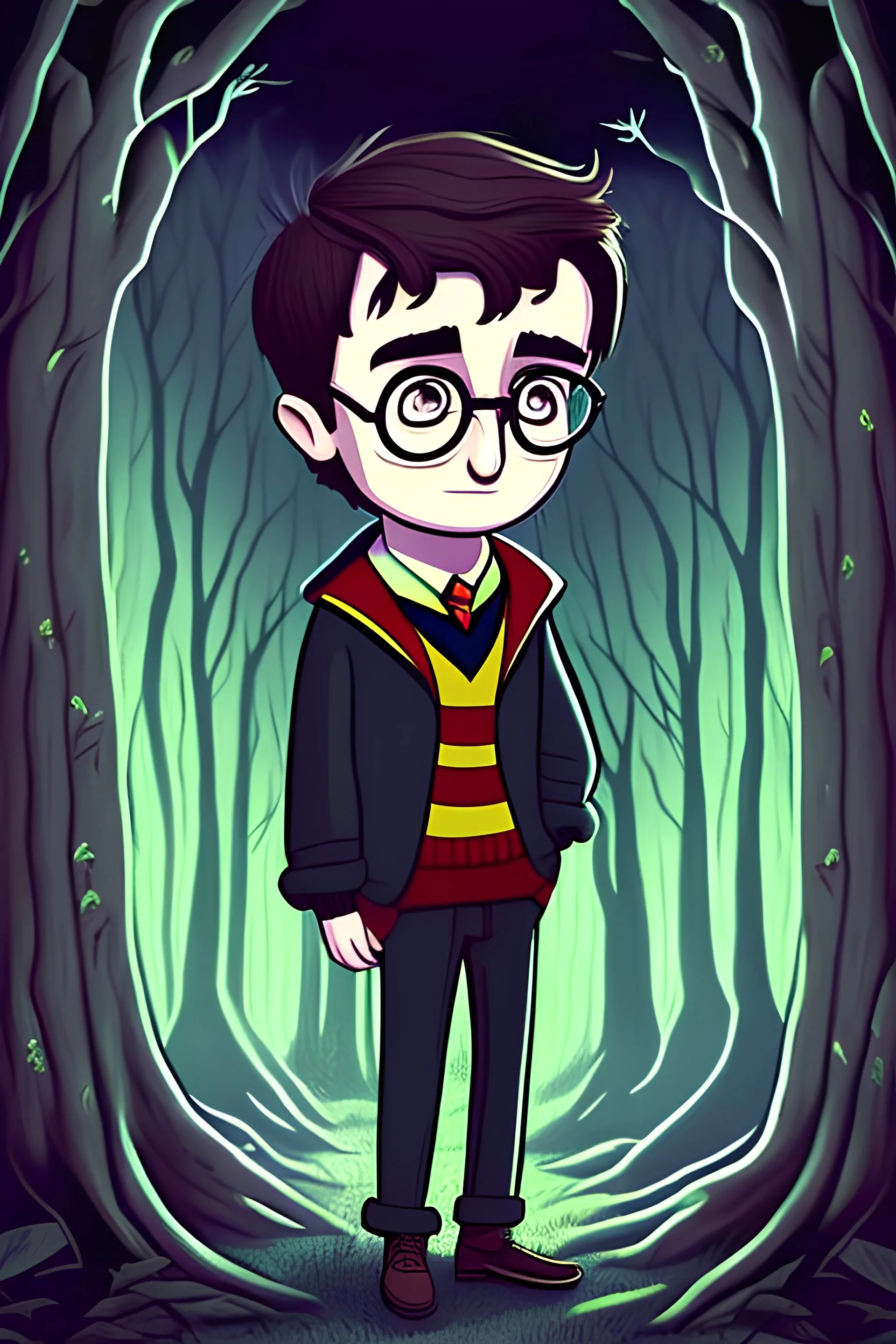 cartoon style harry potter in dark forest