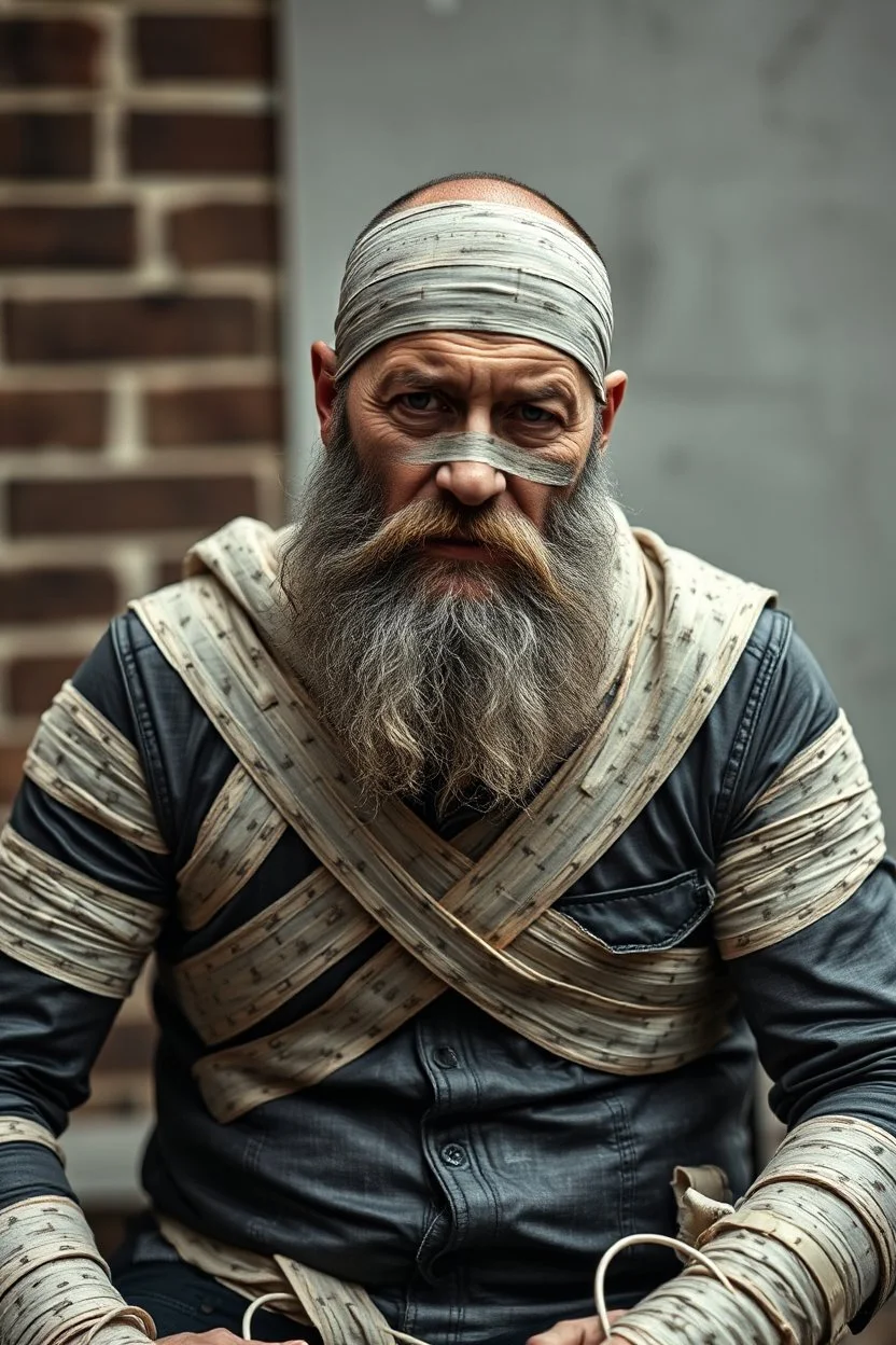 a very sad hurt swedish motorcycle gang man with beard, he is covered all the body with bandage and are in deep pain, bandage all over him, cripple