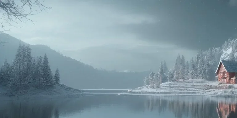 small house, windows light, heavy snow, mountain, big blue lake water