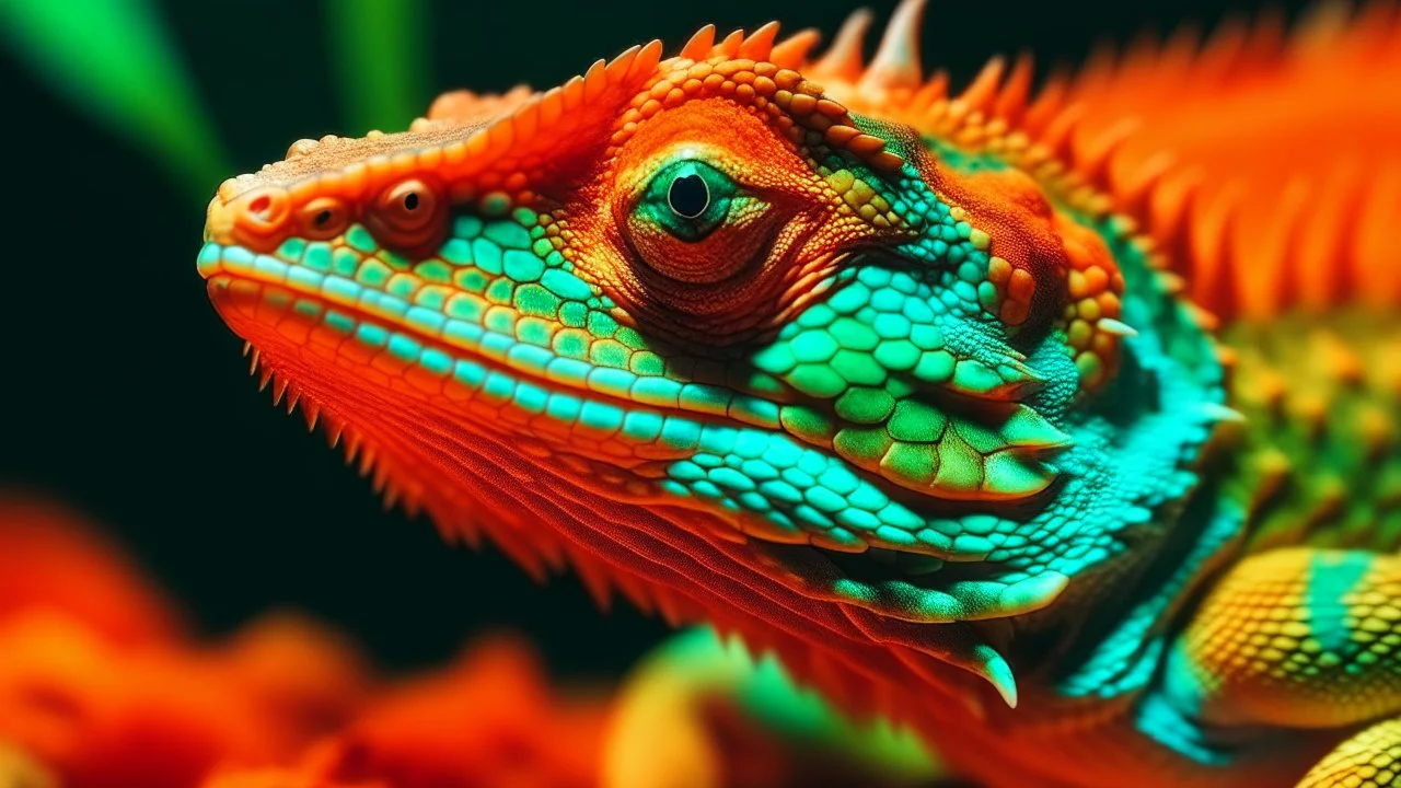 surreal and dreamlike, A close-up view of a green and orange lizard or reptile with a distinctive eye and mouth, saturated, pastel, dreamy atmosphere, liquid psychedelic