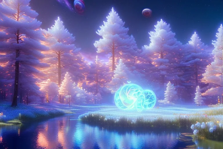 white and blue crystal cosmic and galactic ambiance river sky trees , full of details, smooth, bright sunshine，soft light atmosphere, light effect，vaporwave colorful, concept art, smooth, extremely sharp detail, finely tuned detail, ultra high definition, 8 k, unreal engine 5, ultra sharp focus