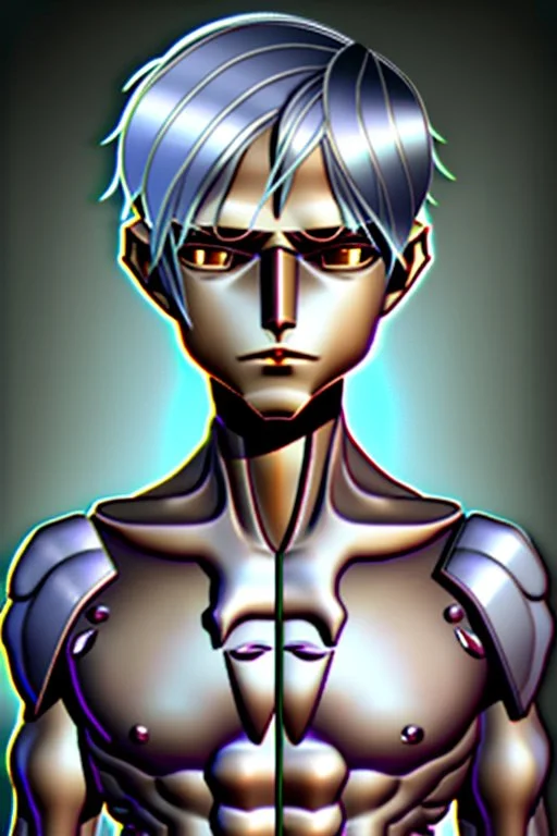 bronze skin, silver hair, short hair, horns, six arms, human, male