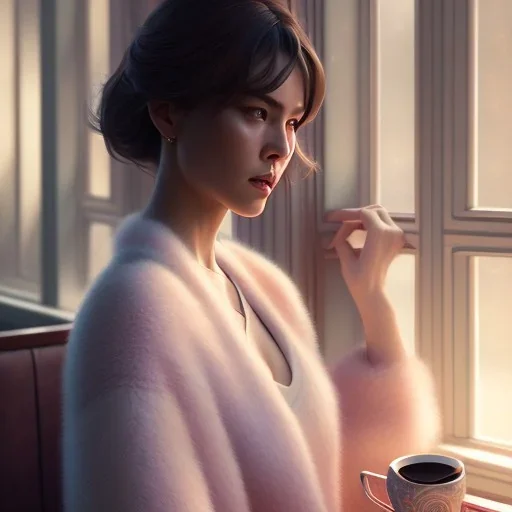 8k 4d photo realistic Highly detailed portrait of stunningly beautiful woman, sitting inside a cozy cafe, Atey Ghailan, by Loish, by Bryan Lee O'Malley, by Cliff Chiang, by Greg Rutkowski, inspired by image comics, potrait illustration,