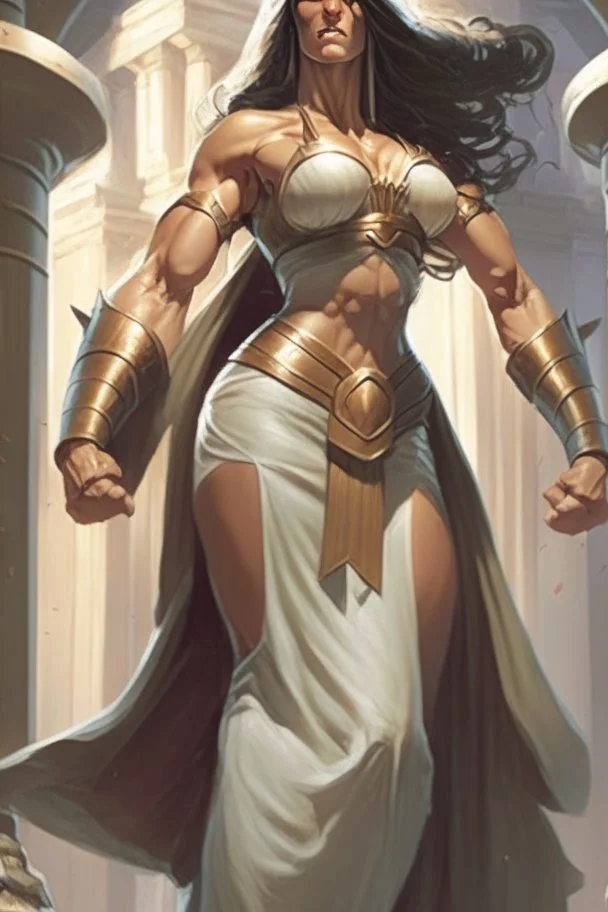 A hyper-realistic concept art of a full body fantasy tall woman ultra muscular a hard square face and brown hair wearing the white robe of greek senators white robe, full body, fantasy woman, tall, ultra muscular, hard square face, brown hair, greek senator white robe, by Chris Rallis, in the style of fantasy realistic art, cinematic and dramatic lighting, fantasy character drawings, realistic drawings, digital art, Highly Intricate Details, high quality