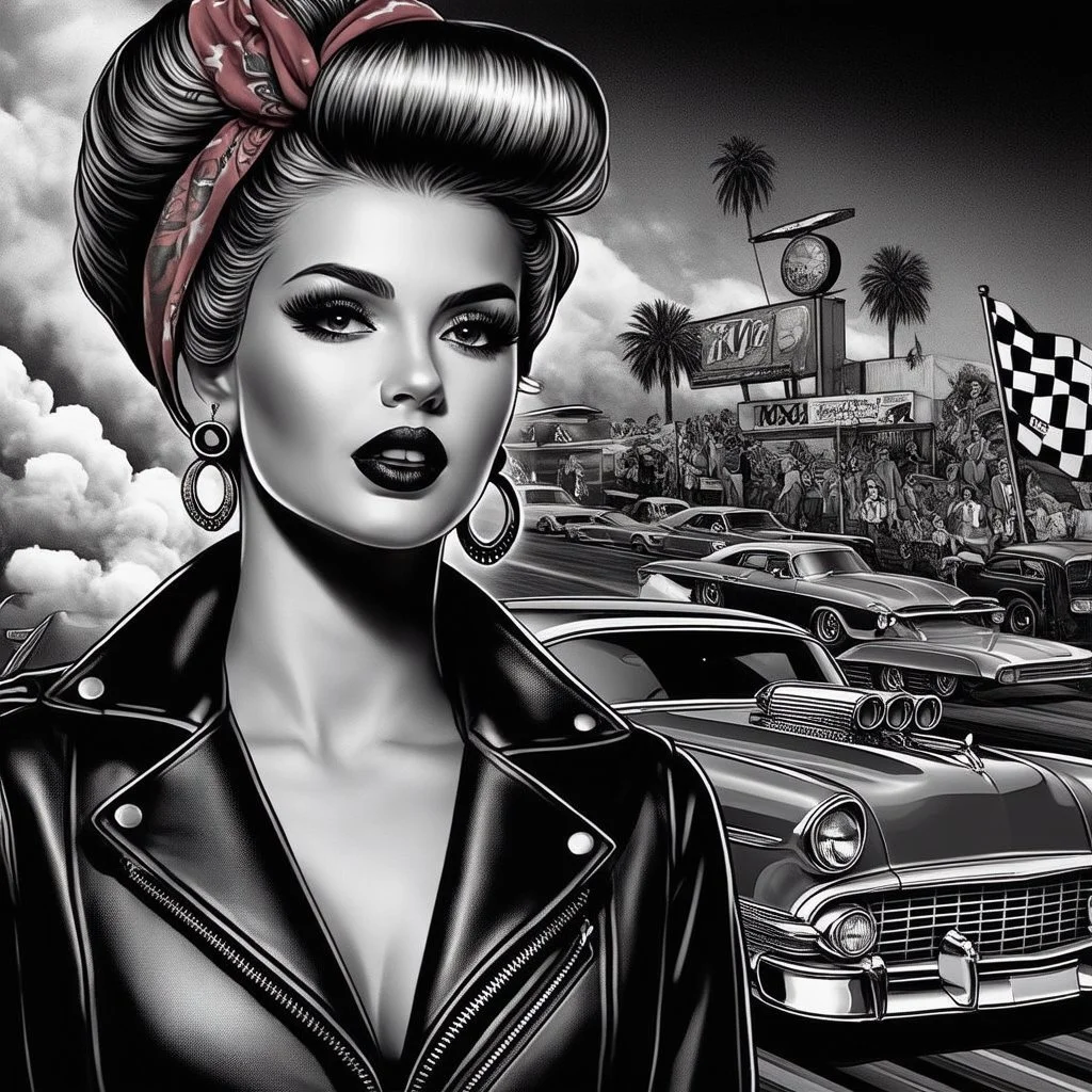 Create image: woman with a vintage pin-up hairstyle in greyscale tones stands in the foreground. She's wearing a zippered leather jacket and adorned with tattoos, a red bandana, earrings, and dark lipstick. In the background, a vivid scene of a drag race unfolds with classic cars and visible smoke above.