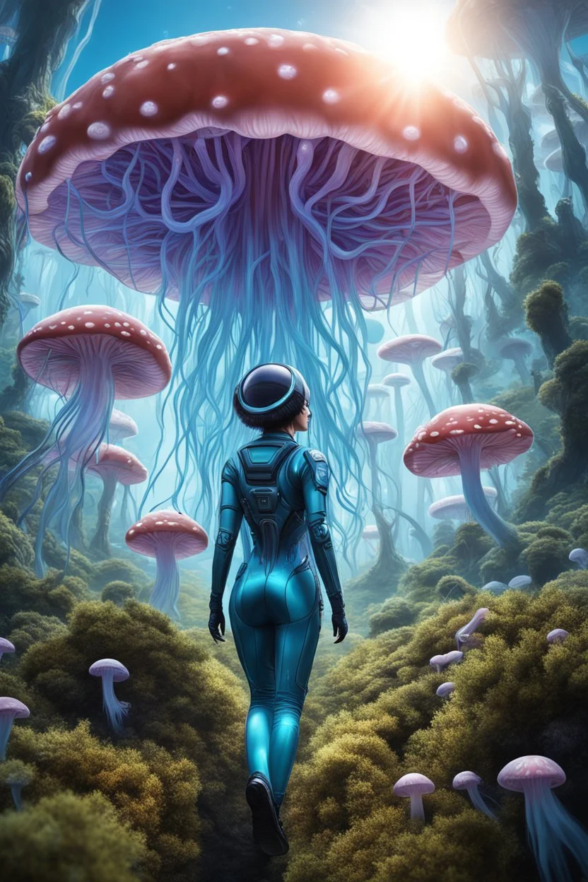 Woman in an Android suit, Walking Through Alien Mushrooms With Jellyfish Tentacles, Floating Through An Alien Forest, Photorealistic, Intricate Detail, Sunshine, Blue Sky