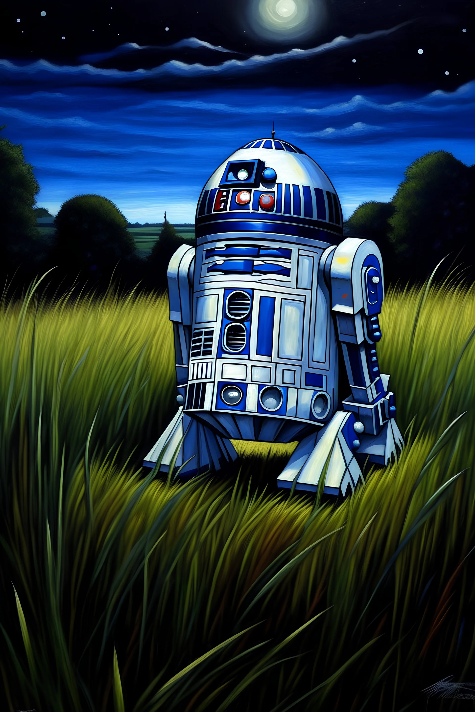 R2d2 in a field on a starry night by vangoh