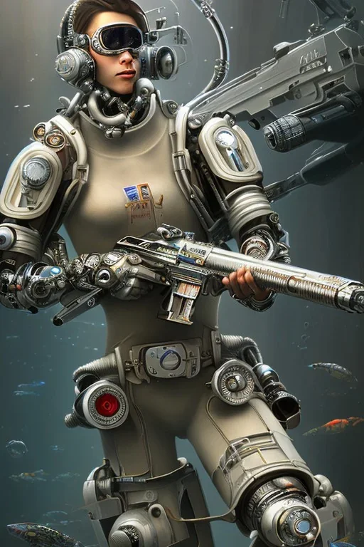 diver like a cyborg,with the gun,hi quality detail,hi quality textures,cinematic,realistic,aggressive