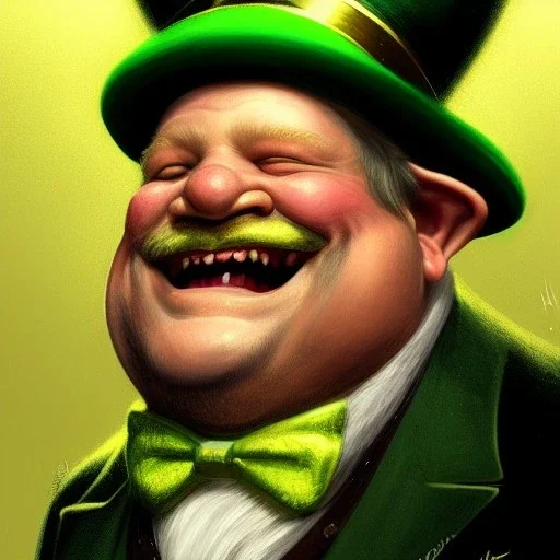 portrait of a old,fat, elf man,leprechaun, low beard,top hat,elegant gold and green suit,smiling,highly detailed, digital painting, artstation, concept art, cinematic lighting, illustration, 8k art by Jean Baptiste Monge