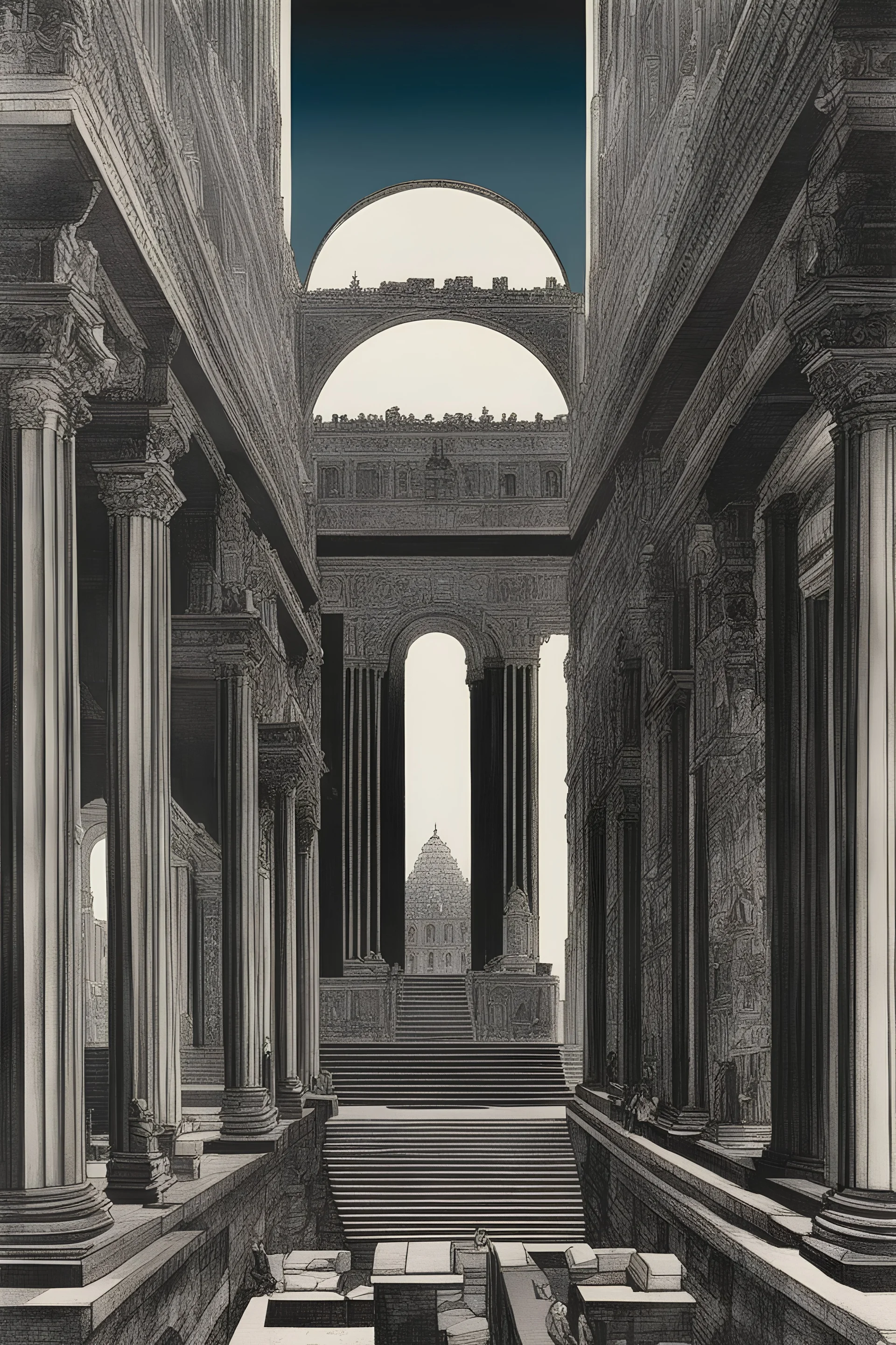 Giovanni Battista Piranesi full colours, Paul Delvaux, Kay Nielsen, Surrealism, Mysterious, Weird, Outlandish, Fantasy, Sci-fi, Japanese Animation, Piranesi-like eyes for ruins, and from that perspective, insight into living cities. Blueprints, cross-sections, and development drawings. Perspective and geometry. Miniskirt beautiful girl, perfect voluminous body, detailed masterpiece