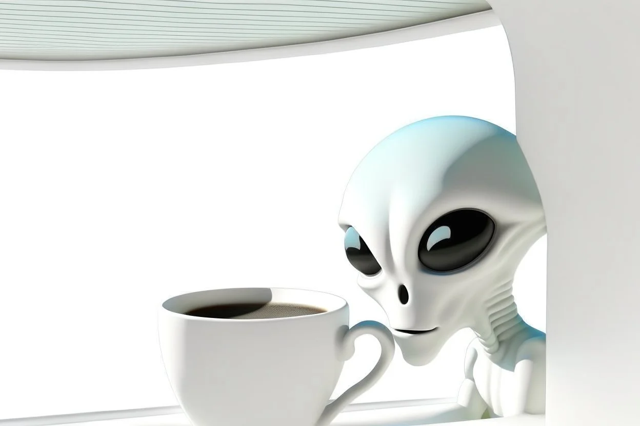 white,background,looking,through,a 3-d, hole,or,window,,a,seeing an,alien,drinking,coffee