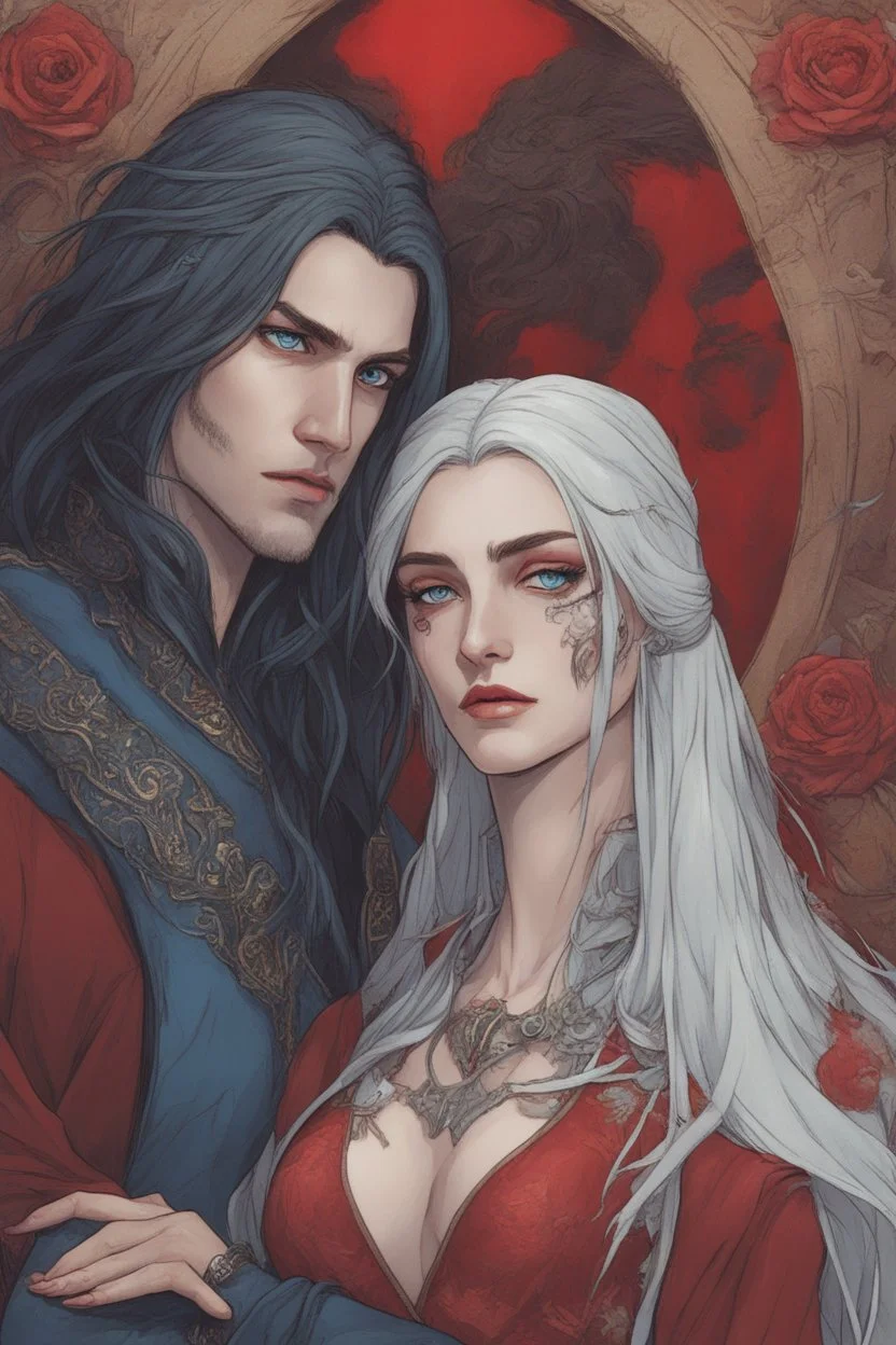 A couple from the dnd game curse of Strahd. The woman has long white hair and blue eyes, the man has LONG BLACK hair and red eyes, no facial hair. KISSING