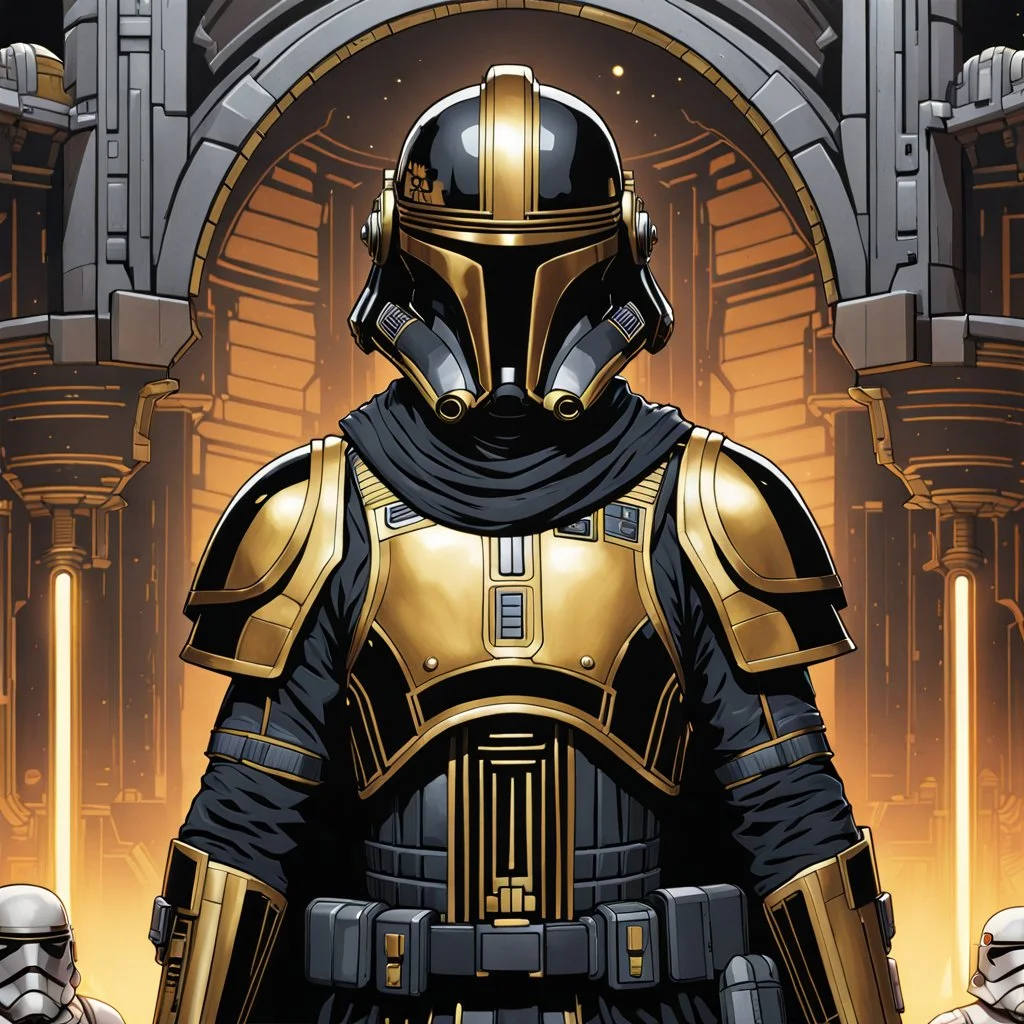 star wars bald male corellian pilot wearing pearlescent black and gunmetal grey First Order special forces heavy assault stealth commando armor and helmet with gold trim inside the jedi temple, hyperdetailed, dynamic lighting, hyperdetailed background, 8k resolution, volumetric lighting, light skin, fully symmetric details