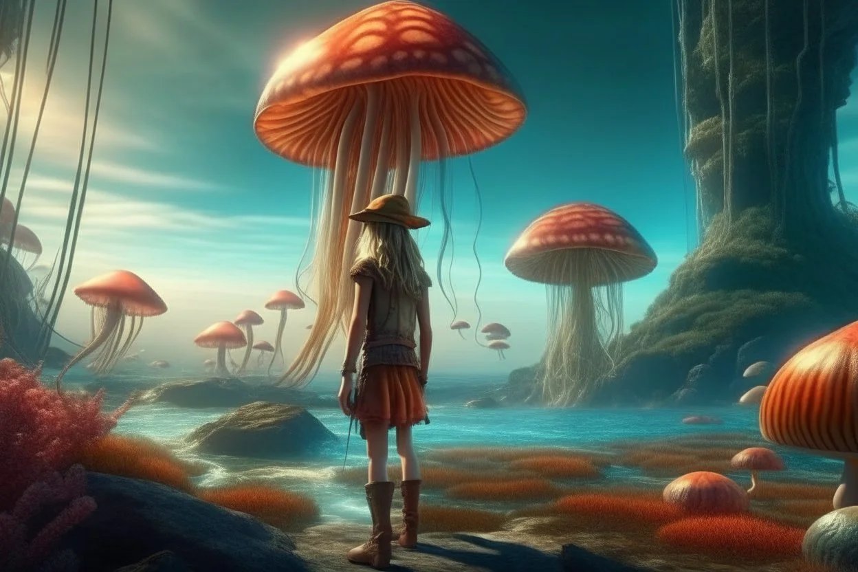 woman standing on the shores of an alien world, with mushrooms with jellyfish tentacles, floating in the air, photorealistic, Detailed Matte Painting, Deep Colour, Fantastical, Intricate Detail, sunshine