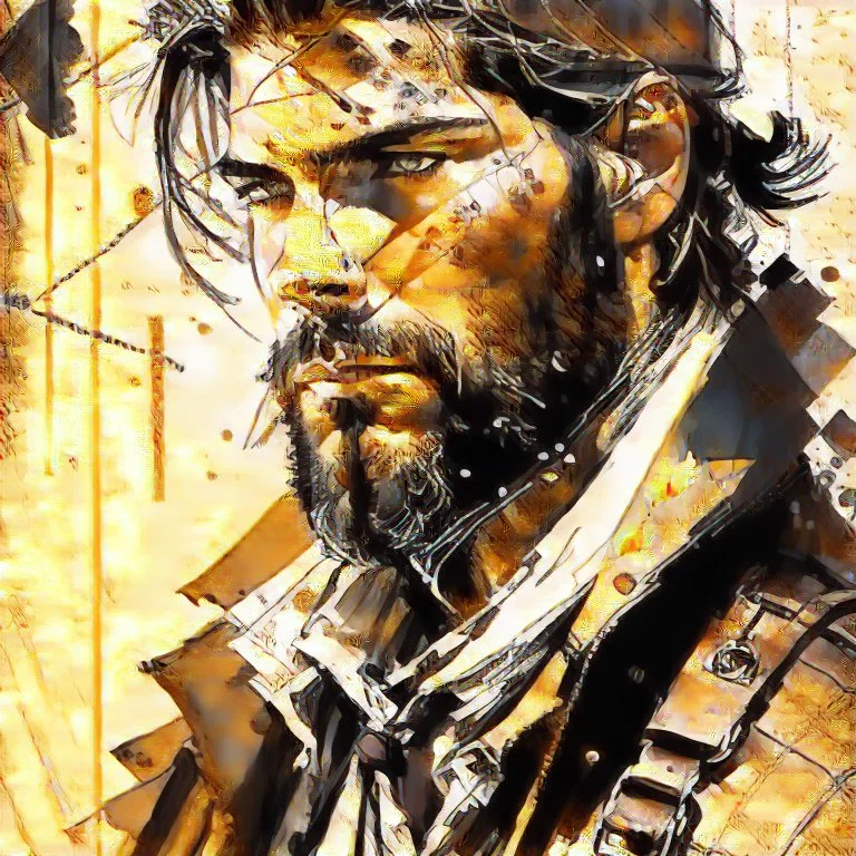 This tough handsome man is a real treasure hunter, adventurous and handsome, he carries a treasure map and suitcase.,In the background is a beautiful compass to show him the way, vertical lines and squares, Style of Ashley Wood, Daniel Gerhart, Thomas Saliot Modifiers: intricate portrait beautiful high detail close up painterly cartoonisch