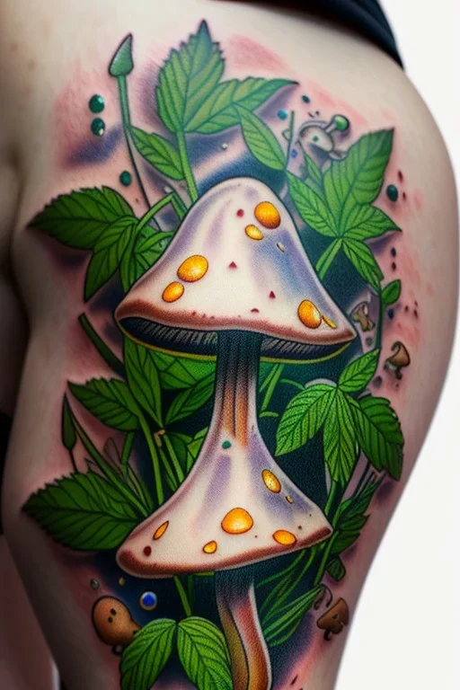 Weed and mushroom, calf tattoo design, highly detailed close up shot, 8k, HDR, clear picture, highly detailed, high resolution