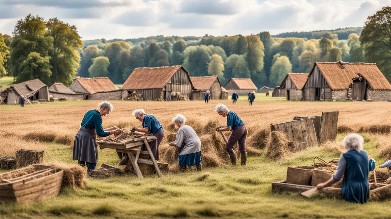 young and old people working in the field near medieval barns