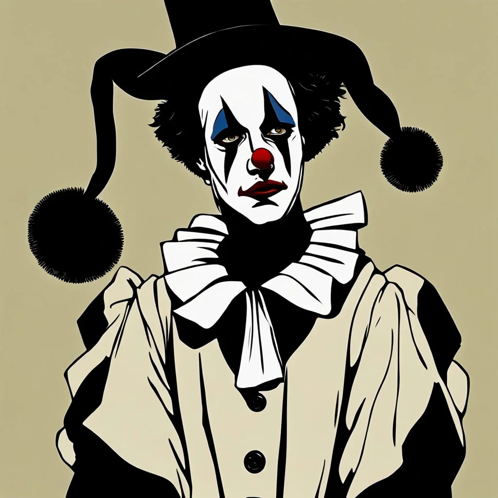 A Pierrot (the sad clown), with a heavily painted white face, wearing a loose, white tunic with three large black buttons, an oversized black accented ruffled collar, and long sleeves, a tight black dunce hat on his head, french mime, his expression is sad, lonely, and embodies artistic sentiment, the foreground and background slowly and subtly in a liminal space seem to merge, the clown as an elevated art form, modern art, conceptual performance art, storybook like illuatration, Beardsley, very