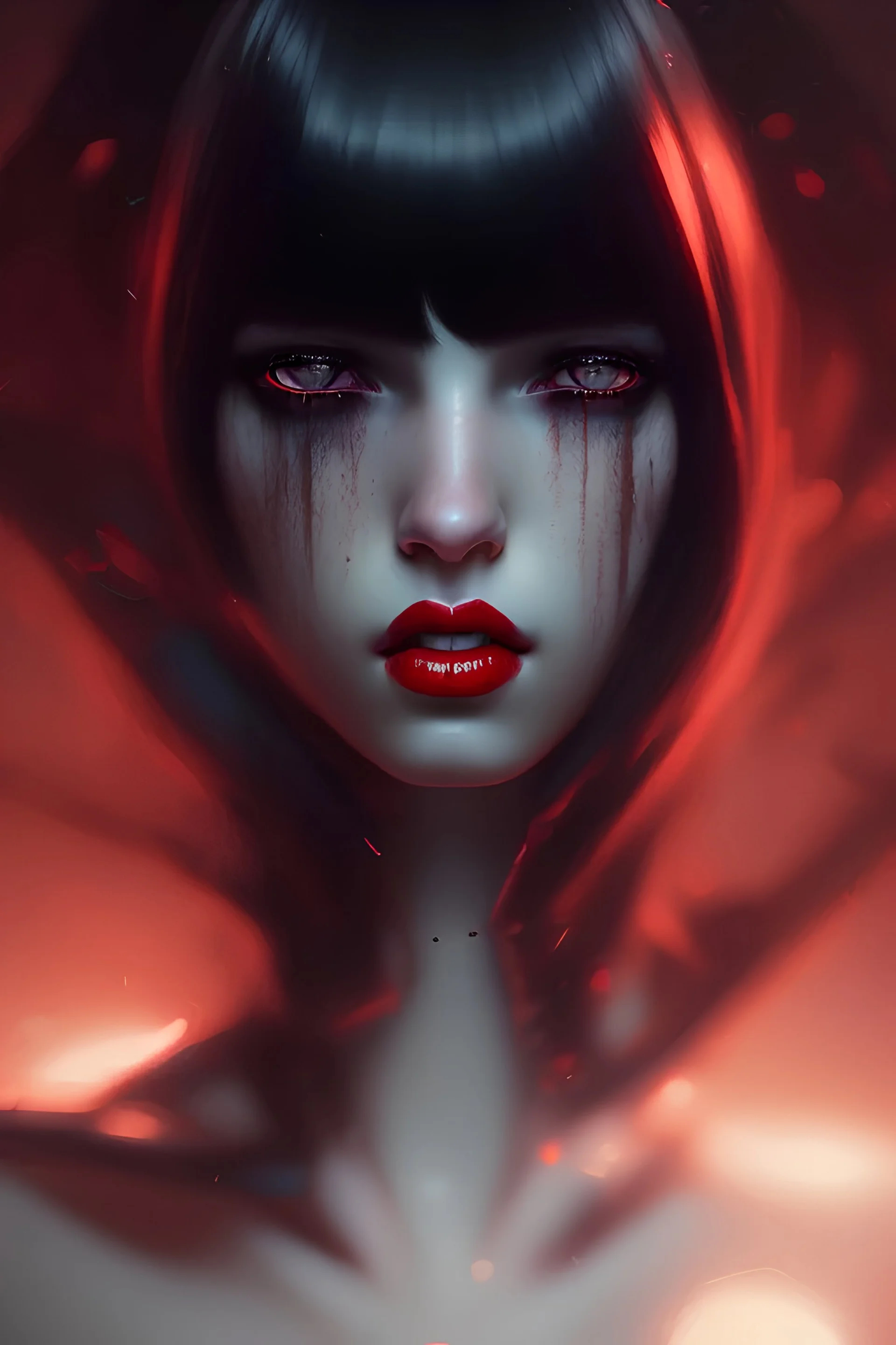 girl, cute, beautiful, white eyes, red lips, black hair with bangs, goth, close up portrait by Greg Rutkowski