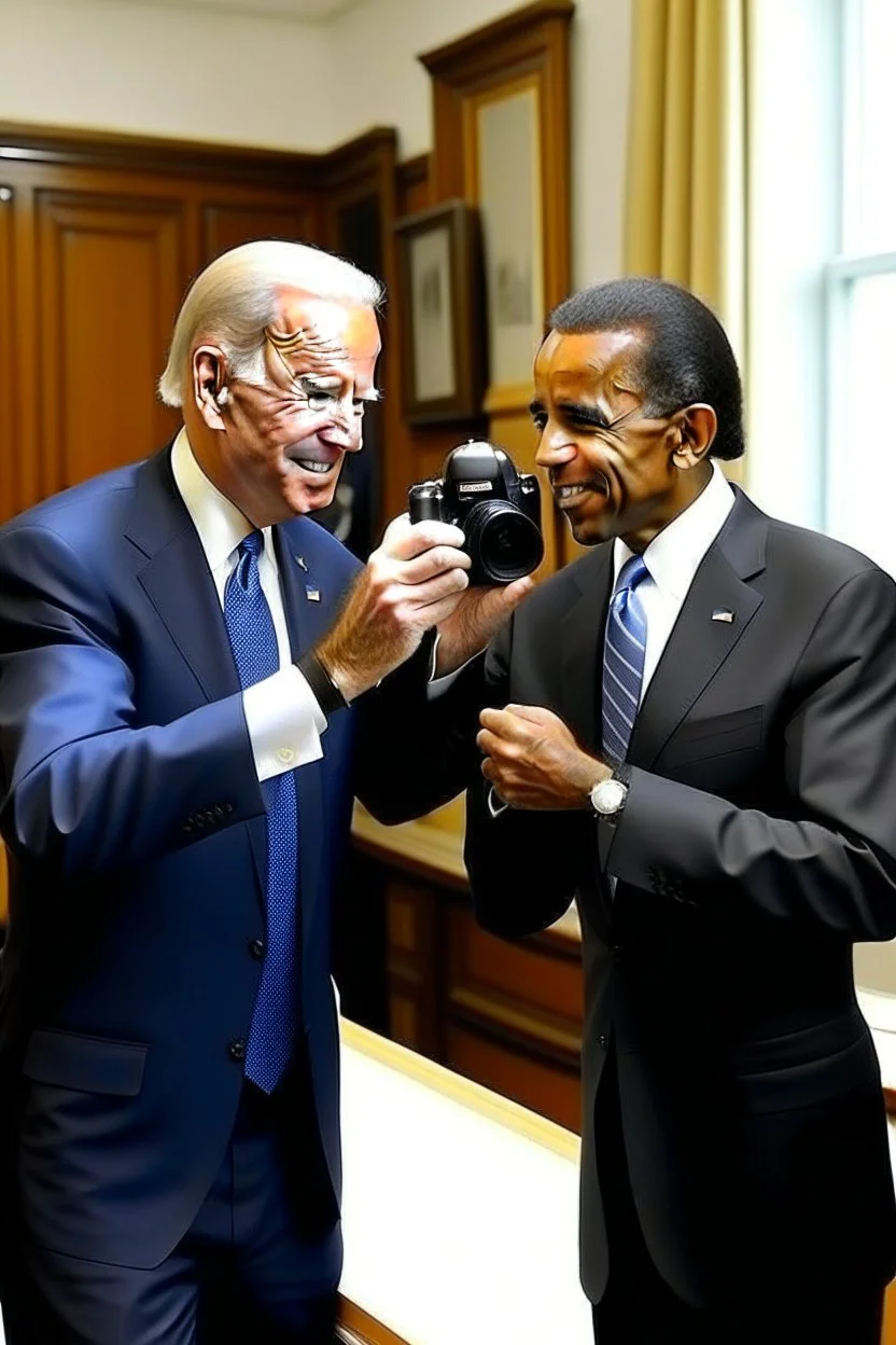 Obama showing with Joe Biden with richard nixon taking a picture.