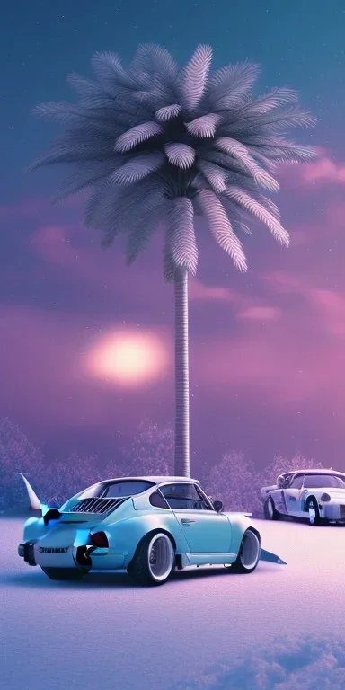 1980's aesthetic vaporwave palm trees with porsche in the winter snow