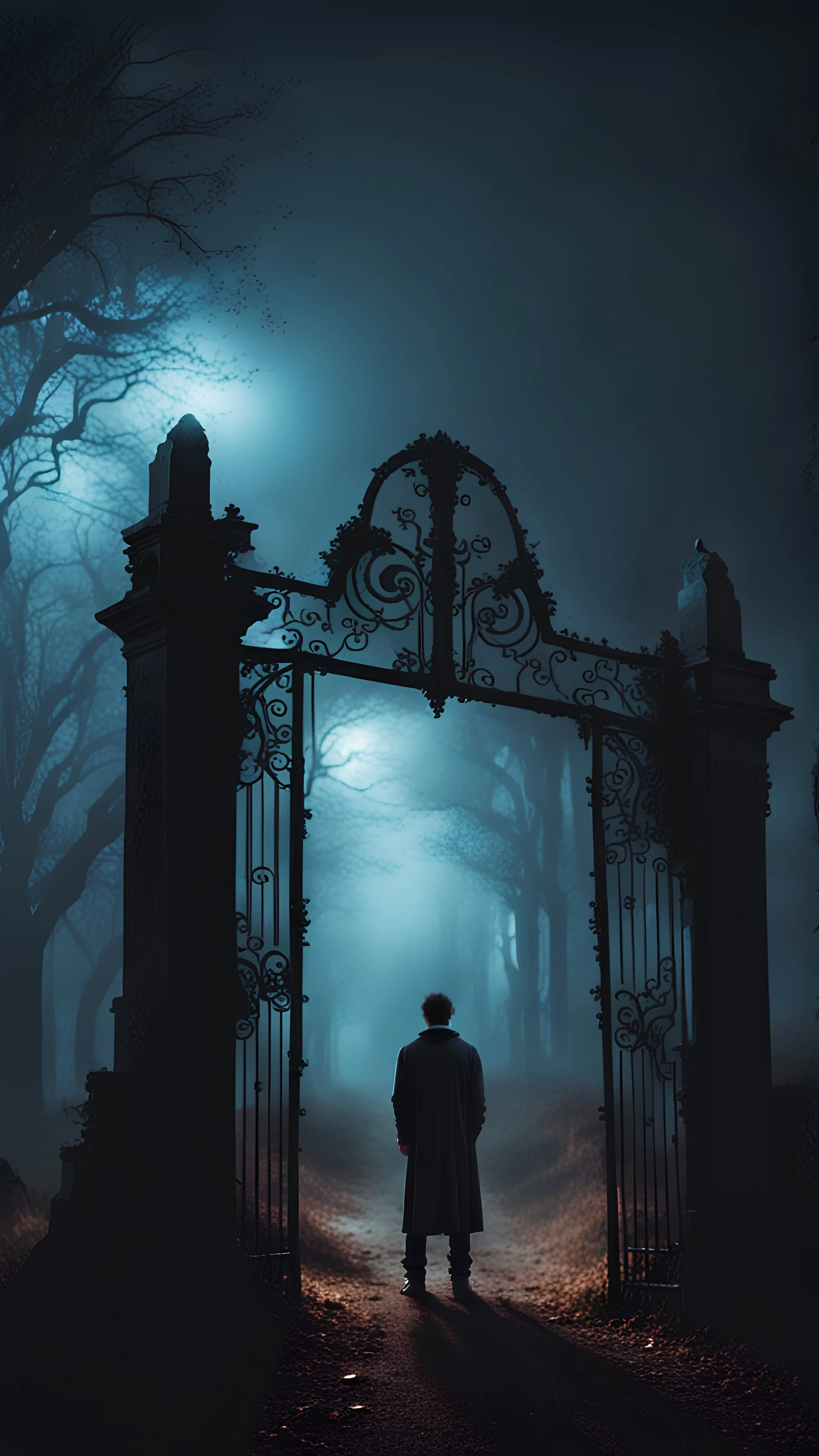 a guy stands at the creepy gates at night of an ancient cemetery with fog