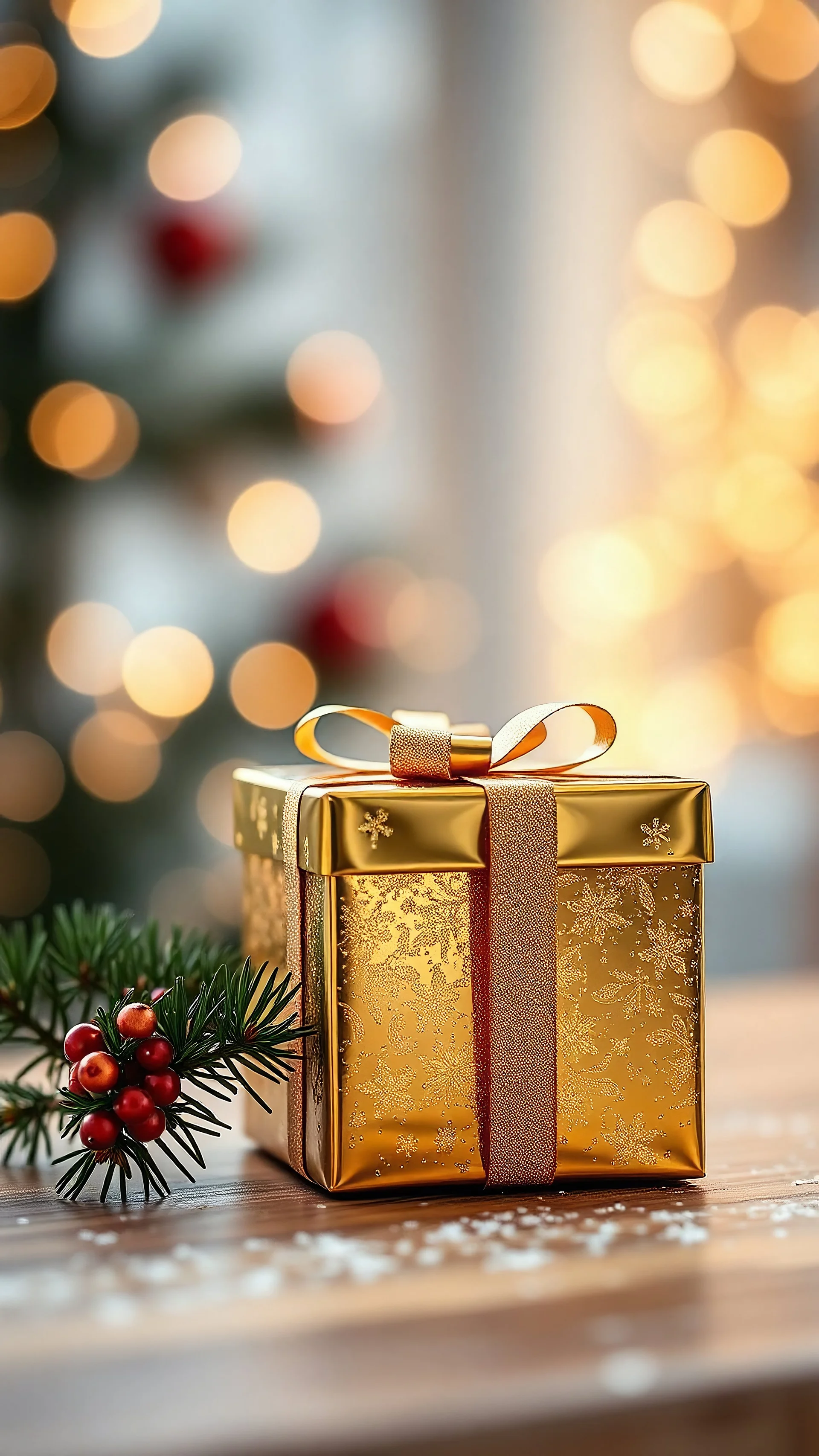 pine branch and shiny gold Christmas gift box with ribbon, festive atmosphere. in blur background, warm lights, hig realistic, perfect shot, professional photo