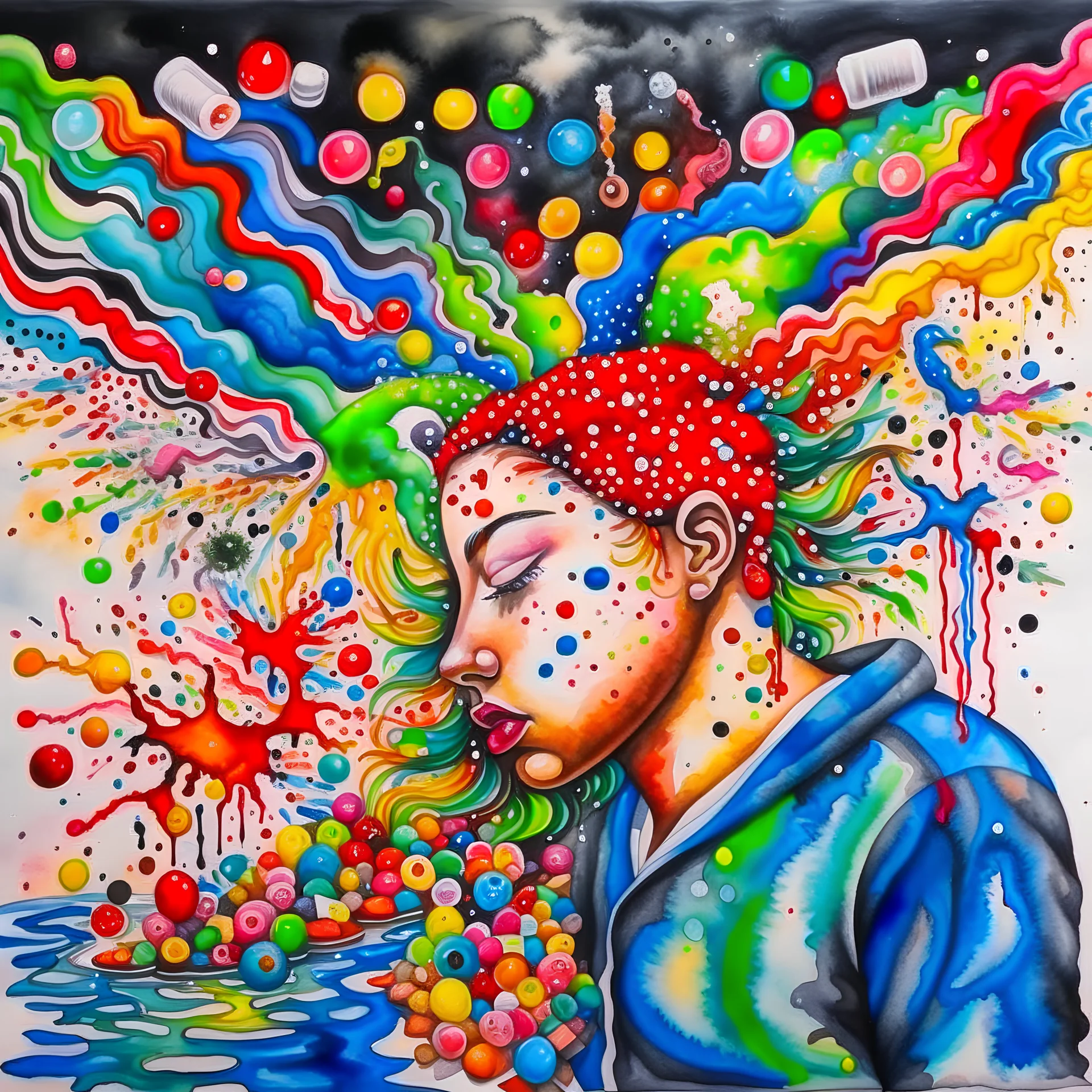 Create an artwork where asymmetrical watercolor images of pills, injection, cocain, cigarrates and weed merge with distorted human figures, submerged in swirling waves of dark, heavy brushstrokes, conveying the loss of control and disintegration caused by substance abuse.