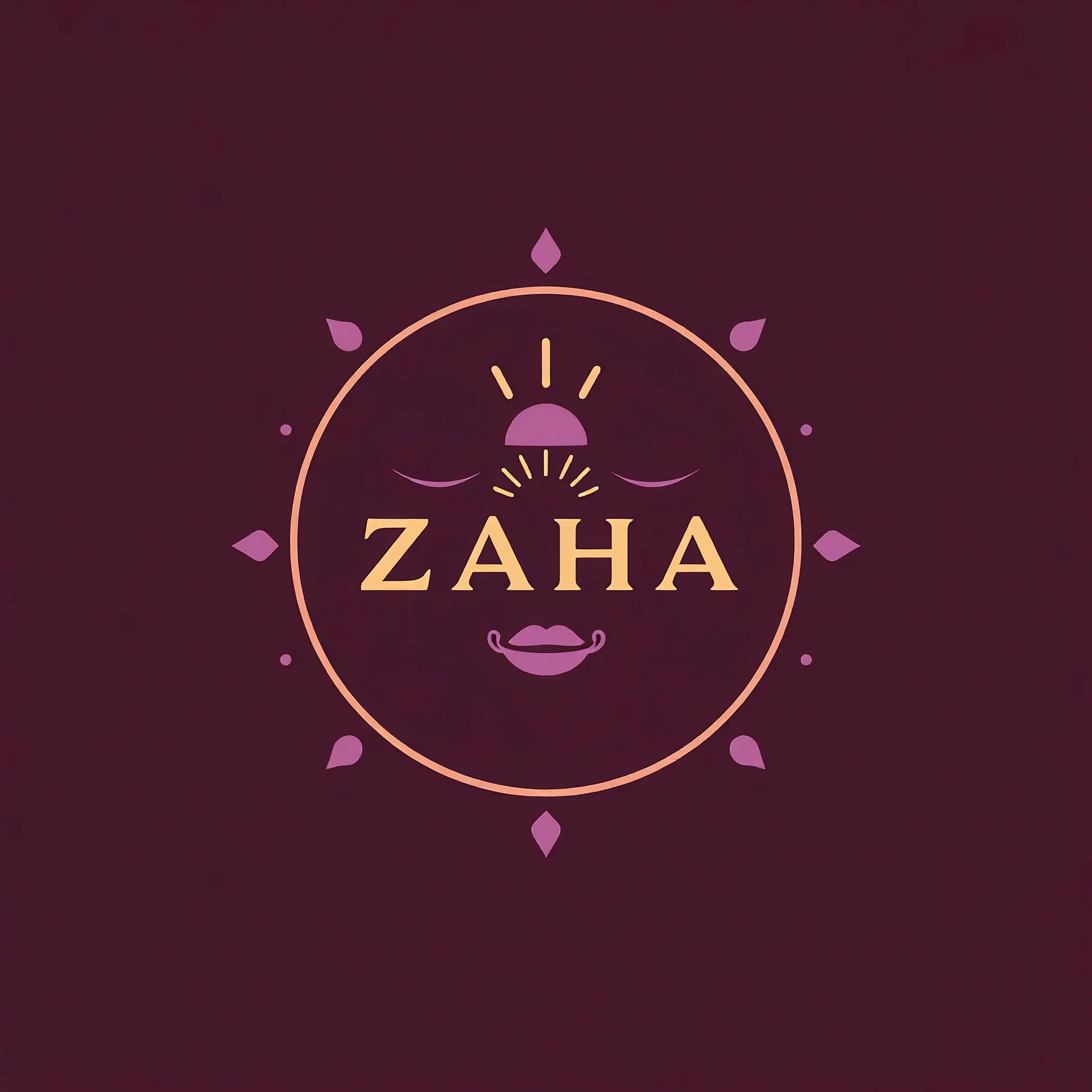 A circle face logo with the name (ZAHA) for a cafe with a sun symbol and a classic purple theme