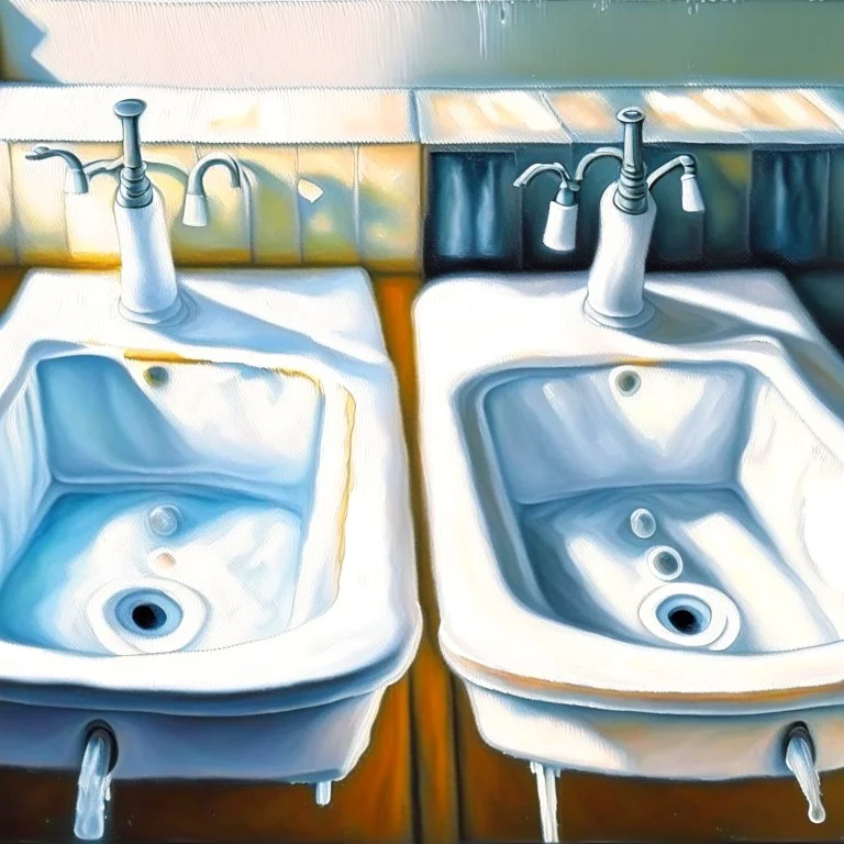 two white sinks, in one of them water is turning right and in the other lef, art, oil drawing, bright,