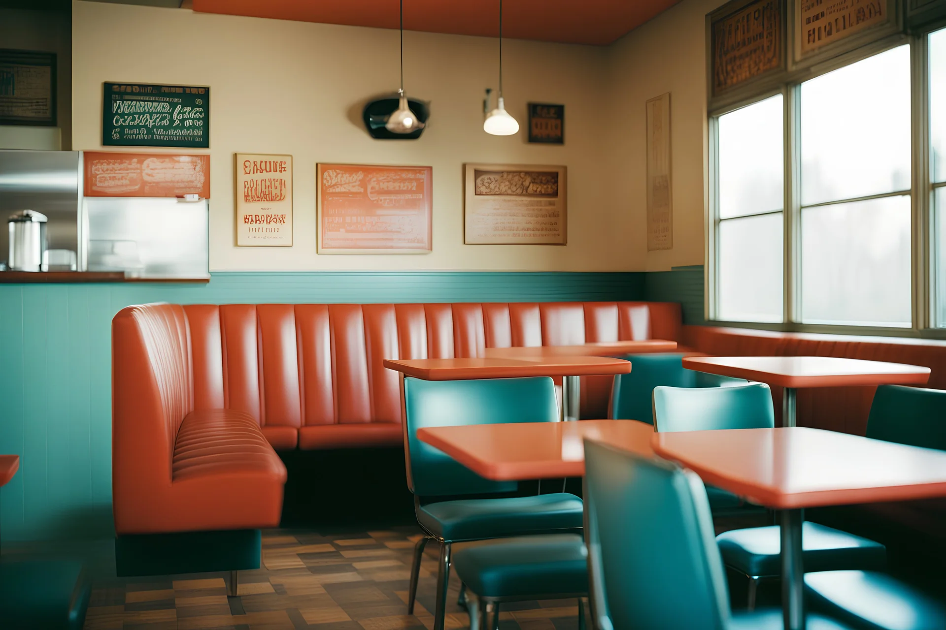 American dinner place interior without of people. early morning in Texas very sunny day. Colorful and juicy style. Like interior design example. Minimalistic Film photography style. Kodak portra medium format. Wide angle lens photo.