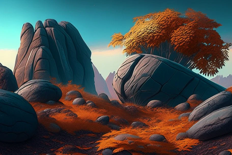 autumn vegetation, one exoplanet in the horizon, big stones, cliff, surrealistic, sci-fi.