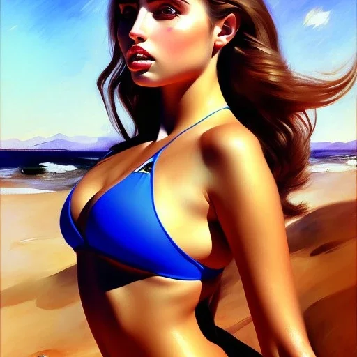 fullbody portrait of voluptuous atletic beautiful young Ana de Armas in bikini Joaquín Sorolla style