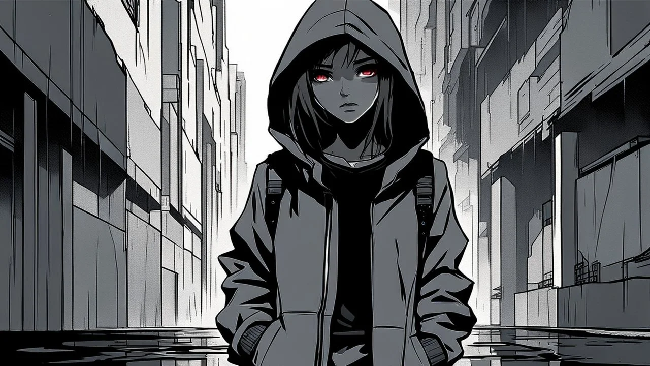 A brutalist architecture cyberpunk alley in a simple anime style, grayscale, rainy, dark, pitch black, foggy, with a girl wearing techwear clothing and a hoodie up leaning against the wall and showing her serious/emotionless face, with a more tanned skin tone, on the right side of the image