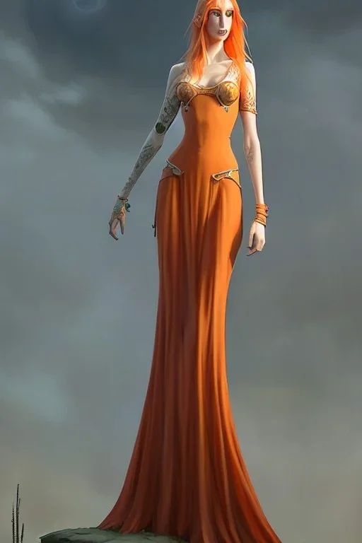 painting of a tall elven young woman with short light orange hair and freckles on the cheak bones and tall body of a topmodel light clothes, long shot, ultra realistic, concept art, intricate details, eerie, highly detailed, photorealistic, octane render, 8 k, unreal engine. art by artgerm and greg rutkowski and charlie bowater and magali villeneuve and alphonse mucha