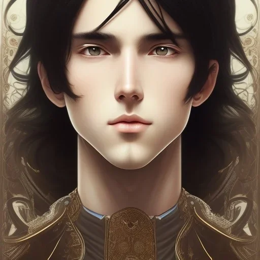 detailed anime young man, semi-long black hair, detailed bangs, intriguing details, full body, keep head in frame, 8k, concept art, highly detailed, digital painting, concept art, sharp focus, illustration, WLOP and greg rutkowski e alphonse mucha and artgerm and yanjun Chen and Junji ito and Makoto Shinkai, HDR, octane rendering